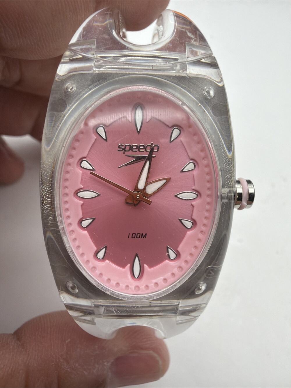 Vintage Women's Pink Speedo Cuff Quartz Watch Translucent Pink Band New Battery